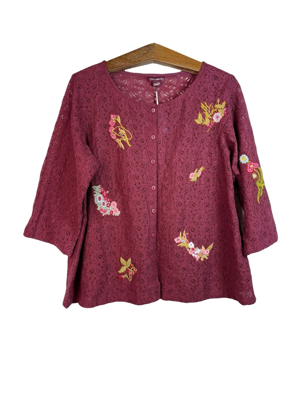 April Cornell Dark Berry Burgundy Brigitte Cover Up Knit Floral Embroidered NWT